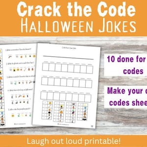 Op de afbeelding: Twee witte vellen met Halloween-code puzzels en een leeg code vel. De tekst "Crack the Code HALLOWEEN JOKES" staat bovenaan. Extra tekst is onder meer "10 kant-en-klare codes voor jou" en "Maak je eigen codevellen!"