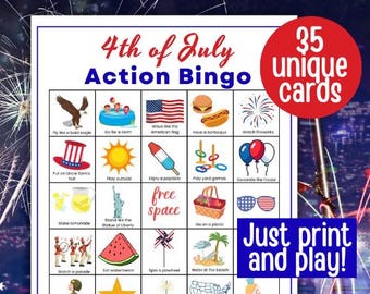 Bingo do 4 de Julho | Cartelas de Bingo para Imprimir | Noite de Jogos em Família | Jogos do 4 de Julho | Jogos para Crianças em Fase de Alfabetização | Jogos de Verão | Ideia de Jogo para Festa