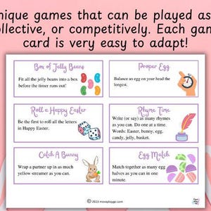 Op de afbeelding: Een afdrukbaar spelvel met zes spelidee&euml;n met Pasen als thema. Spellen zijn onder meer "Box of Jelly Beans", "Proper Egg", "Roll a Happy Easter", "Rhyme Time", "Catch a Bunny" en "Egg Match". Het vel heeft een roze achtergrond en witte vakken.