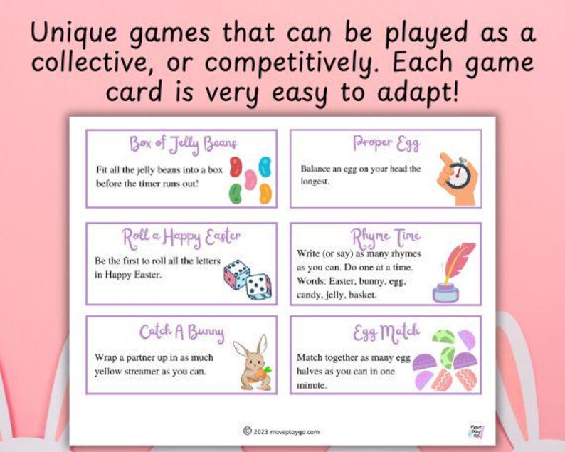 Op de afbeelding: Een afdrukbaar spelvel met zes spelidee&euml;n met Pasen als thema. Spellen zijn onder meer "Box of Jelly Beans", "Proper Egg", "Roll a Happy Easter", "Rhyme Time", "Catch a Bunny" en "Egg Match". Het vel heeft een roze achtergrond en witte vakken.