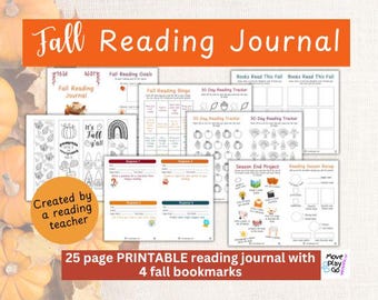 Puede incluir: Un diario de lectura de otoño imprimible con 25 páginas y 4 marcadores de otoño. El diario incluye páginas para objetivos de lectura, bingo de lectura, rastreadores de lectura de 30 días, un proyecto de fin de temporada y un resumen de la temporada de lectura.