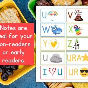 Puede incluir: Un cuadro educativo colorido con ilustraciones del alfabeto, incluyendo un paraguas, una ballena, un coraz&oacute;n y una cebra. El cuadro est&aacute; dise&ntilde;ado para los primeros lectores y presenta el texto "Notes are ideal for your non-readers or early readers."