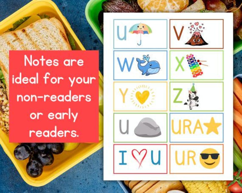 Puede incluir: Un cuadro educativo colorido con ilustraciones del alfabeto, incluyendo un paraguas, una ballena, un coraz&oacute;n y una cebra. El cuadro est&aacute; dise&ntilde;ado para los primeros lectores y presenta el texto "Notes are ideal for your non-readers or early readers."
