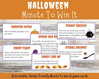 Halloween Minute To Win It, Halloween games, Halloween game printable, printable Halloween kids activity, family game night, classroom game