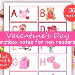 May include: Valentine's Day lunchbox notes for non-readers. The image features a pink banner with the text "Valentine's Day lunchbox notes for non readers". The notes include illustrations of an axolotl, teddy bear, and gift box.