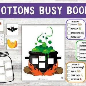 May include: A printable Halloween busy book with a cauldron, flames, and a potion jar. The book includes a matching game with ingredients like garlic, hemlock, spider web, fairy dust, pumpkin guts, mushroom, crow feather, lavender, tiger tooth, and hot pepper.