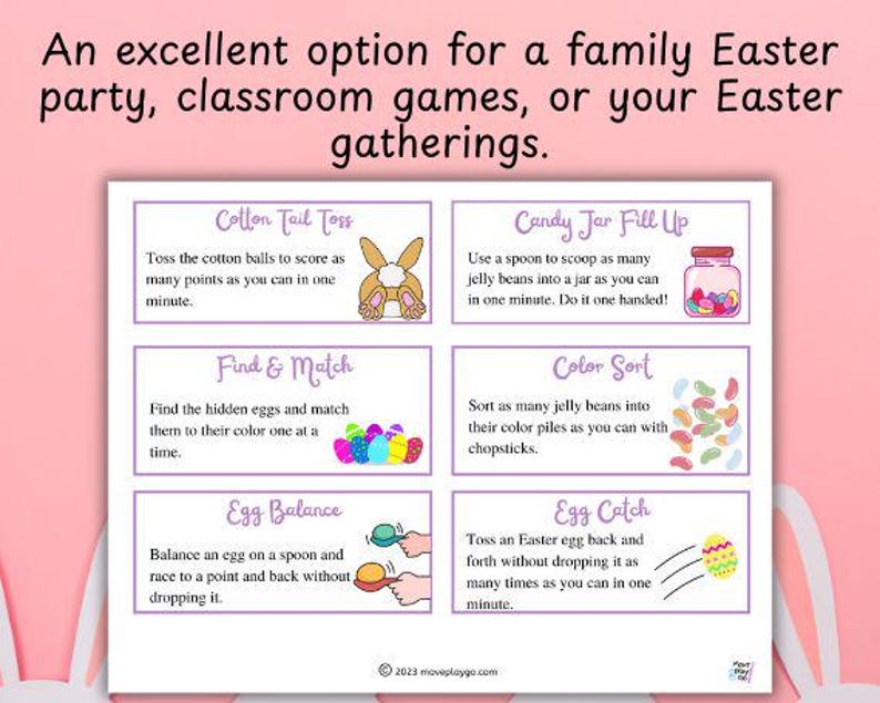 Op de afbeelding: Een roze en witte Paas-thema spelblad met zes activiteitenvakken. Elk vak heeft een titel en instructies voor spellen zoals "Cotton Tail Toss" en "Candy Jar Fill Up". De tekst bovenaan zegt "Een uitstekende optie voor een familie Paasfeest, klaslokaalspellen of uw Paasbijeenkomsten."