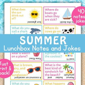 May include: A vibrant sheet of summer-themed lunchbox notes and jokes. The notes feature illustrations of a sun, shark, boat, and sunglasses, with playful questions and answers. The text includes "Summer Lunchbox Notes and Jokes."