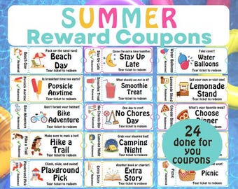 Livro de Cupons de Recompensas de Verão | Prêmios de Verão | Cupons para Crianças | Livro de Cupons Imprimível | Cupons de Recompensa Imprimíveis para Crianças | Pote de Recompensas | Verão
