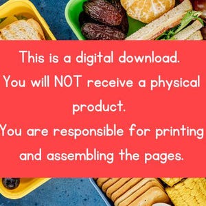 Puede incluir: Imagen de una descarga digital con texto sobre un fondo rojo. El texto indica que el producto es una descarga digital y que el comprador es responsable de imprimir y ensamblar las p&aacute;ginas. La imagen tambi&eacute;n muestra varios alimentos en recipientes amarillos y verdes.