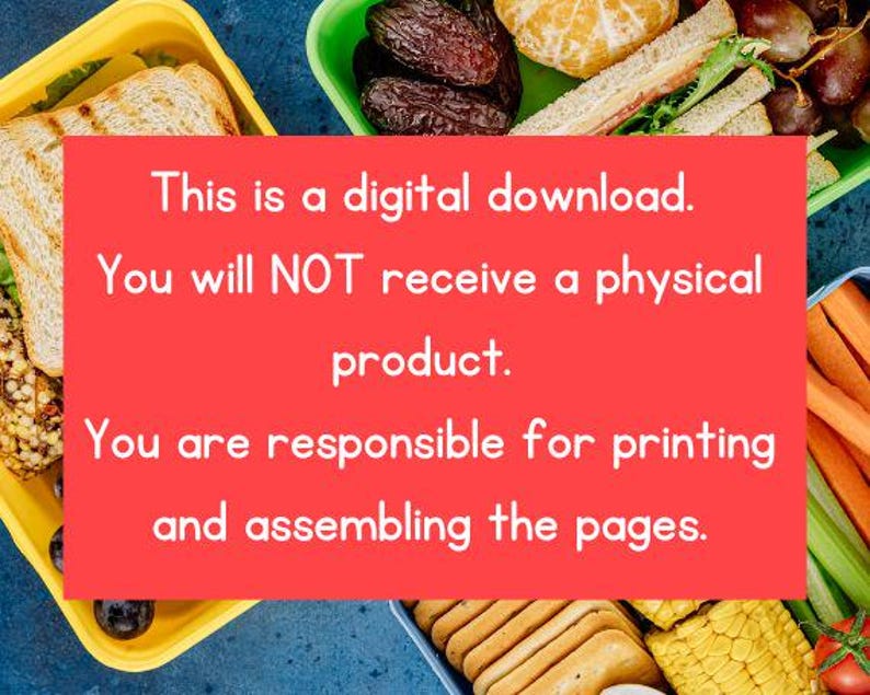 Puede incluir: Imagen de una descarga digital con texto sobre un fondo rojo. El texto indica que el producto es una descarga digital y que el comprador es responsable de imprimir y ensamblar las p&aacute;ginas. La imagen tambi&eacute;n muestra varios alimentos en recipientes amarillos y verdes.