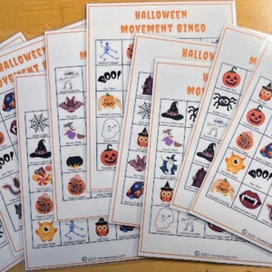 May include: A set of five printable Halloween bingo cards with various Halloween-themed images, including a ghost, a bat, a pumpkin, a witch's hat, a spider, a candy corn, a monster, and a skeleton. The cards are printed on white paper and have a black and orange color scheme. The text on the cards reads "Halloween Movement Bingo".
