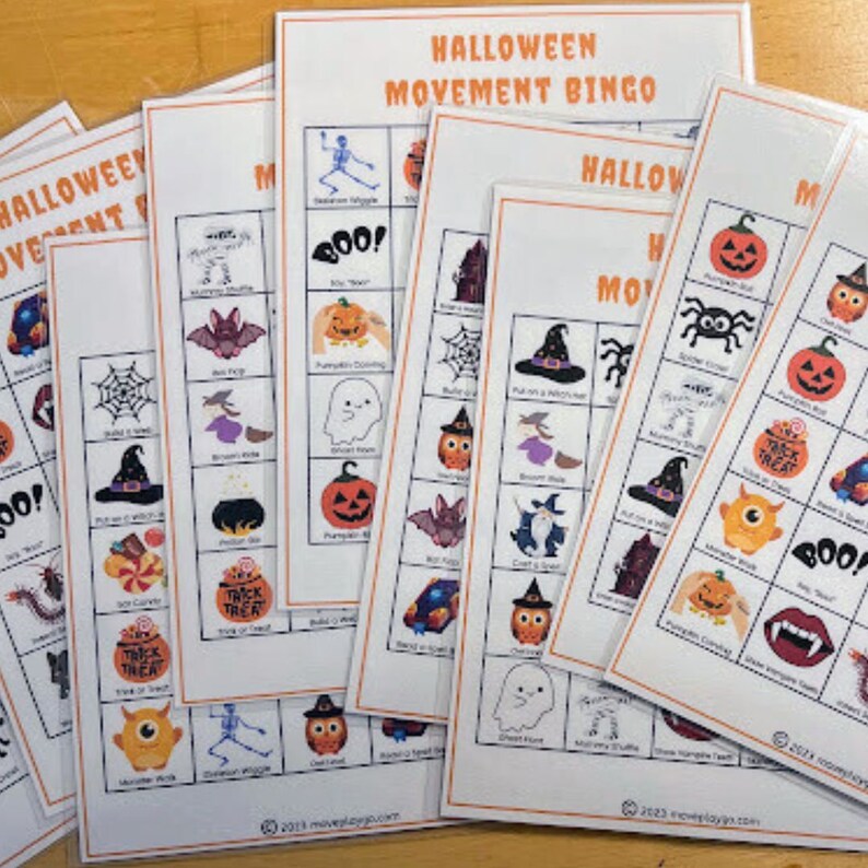 May include: A set of five printable Halloween bingo cards with various Halloween-themed images, including a ghost, a bat, a pumpkin, a witch's hat, a spider, a candy corn, a monster, and a skeleton. The cards are printed on white paper and have a black and orange color scheme. The text on the cards reads "Halloween Movement Bingo".