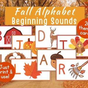 May include: A collection of 26 themed cards for fall alphabet learning. Each card features a letter with a corresponding autumn-themed image, such as a barn, deer, pumpkin, and rake. The cards are designed for easy printing and use, with a vibrant orange and white color scheme.