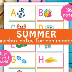 May include: A colorful print featuring summer-themed lunchbox notes for non-readers. The design includes illustrations of an anchor, beach ball, crab, and other summer icons. The text reads "SUMMER lunchbox notes for non readers".