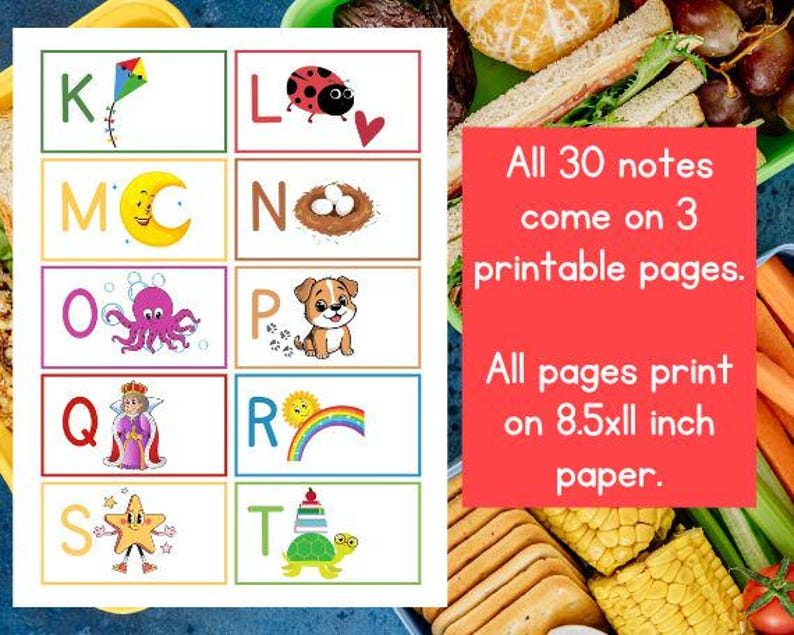Puede incluir: Una colorida impresi&oacute;n educativa que presenta el alfabeto con ilustraciones. Cada letra se empareja con una imagen correspondiente, como una cometa para 'K' y una mariquita para 'L'. El texto dice: "All 30 notes come on 3 printable pages. All pages print on 8.5x11 inch paper."