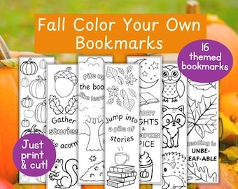 Marcadores de livros para colorir de outono | Marcadores para imprimir | Página para colorir de outono | Pinte você mesmo | Leitura de outono | Marcador para mulheres | Páginas para colorir