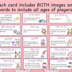Op de afbeelding: Een roze kaartspel met activiteiten rond Pasen. Elke kaart bevat een titel, instructies en een illustratie. Spellen omvatten eieren vangen, matchen en balanceren, geschikt voor alle leeftijden.