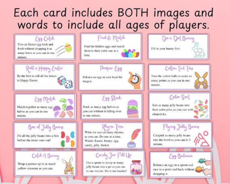 Op de afbeelding: Een roze kaartspel met activiteiten rond Pasen. Elke kaart bevat een titel, instructies en een illustratie. Spellen omvatten eieren vangen, matchen en balanceren, geschikt voor alle leeftijden.