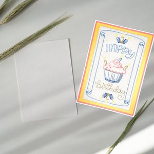 Handcrafted Embroidered Birthday Card with Cupcake and Candles – handmade Unique Greeting Card, Birthday Gift for All Ages