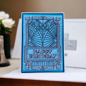 Handmade Embroidered Art Deco Happy Birthday Card