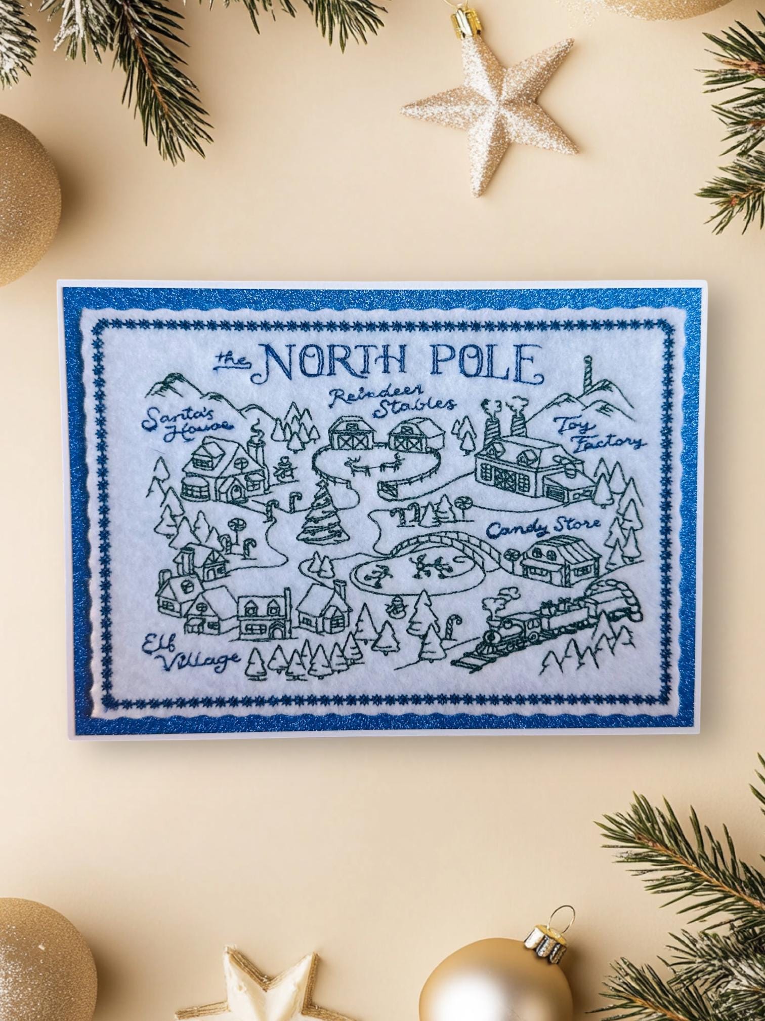 Embroidered Christmas Greeting Card, Whimsical Winter Village Card Design, Festive Holiday Greetings, handcrafted North Pole Map notecard