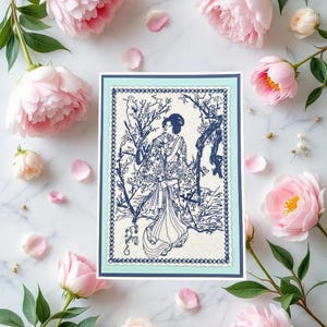 Handmade Embroidered Geisha Greeting Card: Unique Art Card