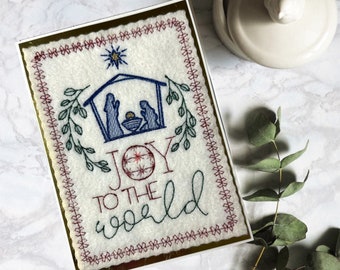 Embroidered Nativity Card, Handcrafted 5x7 Christmas Greeting Card, Joy to the World, Elegant Holiday Wishes, Festive yuletide note cards