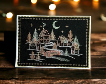 Embroidered card Christmas Village, Festive Metallic Touch, Elegant charming Greeting Card, Embroidery Greeting Gift Handmade Christmas Card