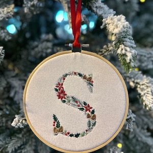 Embroidered Initial Wreath Hoop,  Personalized Holiday Monogram Gift,  Handcrafted Handmade Festive Christmas Decor, Vibrant Colors