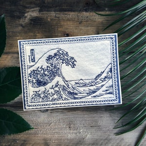 Great Wave Kanagawa Art, Hokusai Redwork greeting card,  Handcrafted Embroidered 5x7 notecard, Japanese wave art, Ukiyo-E inspired art