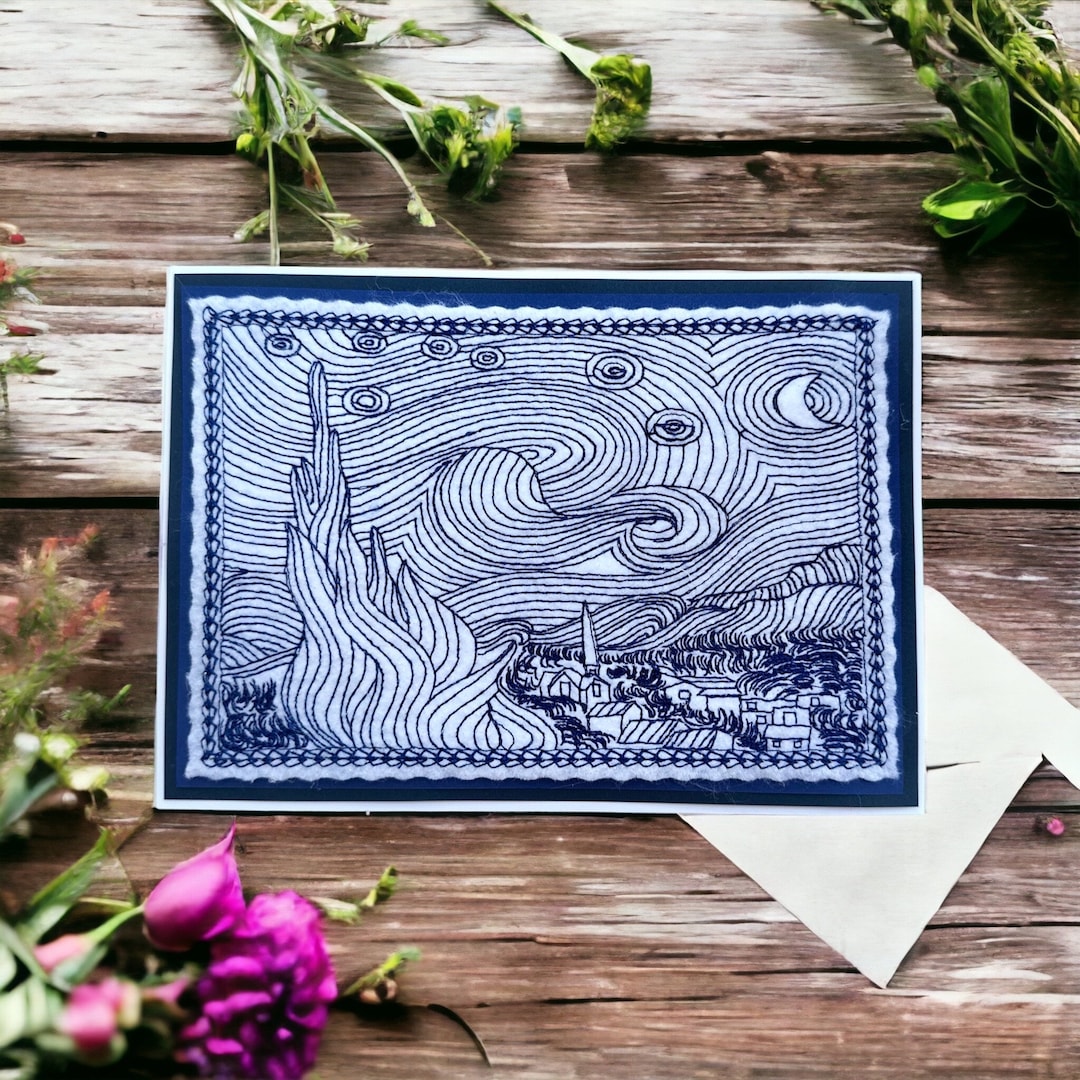 Embroidered Greeting Card, Van Gogh's Starry Night, Handmade Art Card ...