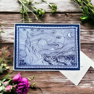 Embroidered Greeting Card Van Gogh&#39;s Starry Night , handmade and handcrafted unique Artistic gift for any occasion Gift, famous artwork card