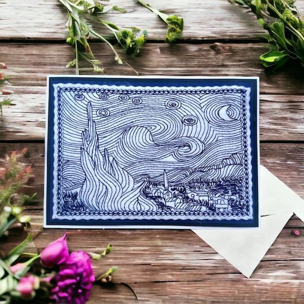 Embroidered Greeting Card Van Gogh's Starry Night , handmade and handcrafted unique Artistic gift for any occasion Gift, famous artwork card