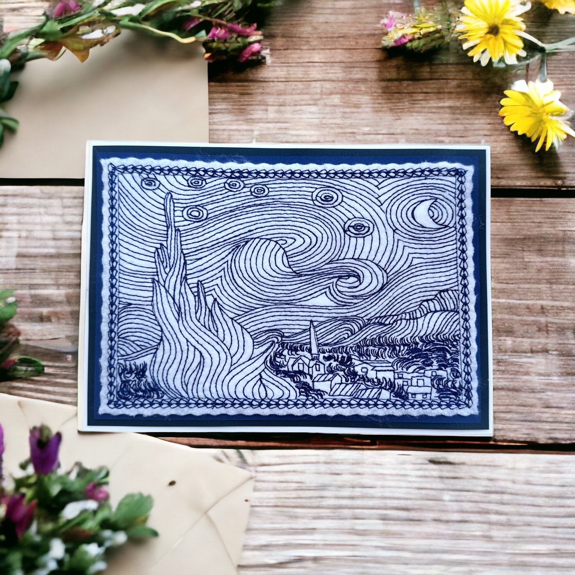 Embroidered Greeting Card, Van Gogh's Starry Night, Handmade Art Card ...
