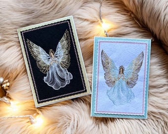 Embroidered Christmas Angel Card,  Festive Metallic Embroidery Greeting Card Gift, Handmade Festive yuletide notecard, Holiday home decor