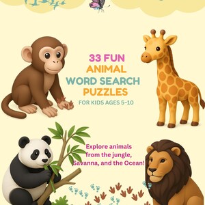 Op de afbeelding: Kinderboekcover met een aap, giraffe, panda en leeuw. De titel luidt "33 Fun Animal Word Search Puzzles for Kids Ages 5-10". De achtergrond is lichtgeel met illustraties van vogels en een vlinder.