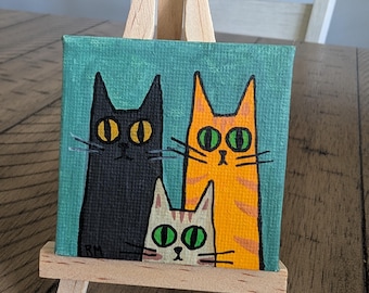Three Hungry Cats Mini Acrylic Painting, 2.4x2.4 Inch Stretched Canvas Art