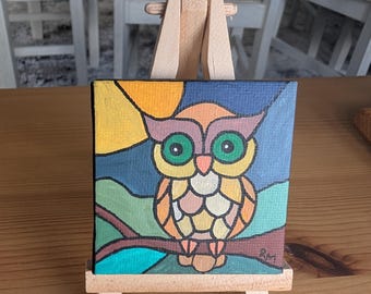 Stained Glass Owl, Mini Acrylic Painting, 2.4x2.4 inch Hand Painted, Stretched Canvas