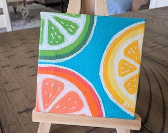 Citrus Fruit, Mini Painting, 2.4x2.4 inch Hand Painted, Stretched Canvas, Small Acrylic Art