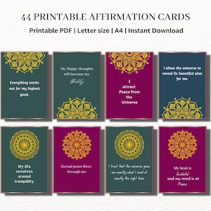 Afdrukbare affirmatiekaarten, Mandala, positieve dagelijkse affirmaties, ontspannende en zelfmotiverende affirmatiekaarten, Instant Download, PDF