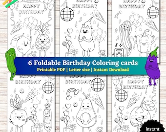 Happy Birthday coloring cards, 6 Fruits and Vegetable coloring cards, Printable Happy Birthday coloring cards, Kids party coloring card, PDF