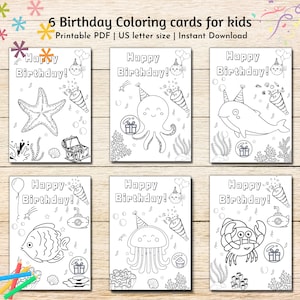 Afdrukbare gelukkige verjaardag kleurkaarten, 6 verjaardagskaarten, kinderkleuren, zeedieren afdrukbare verjaardagswenskaarten, verjaardagscadeaus voor kinderen