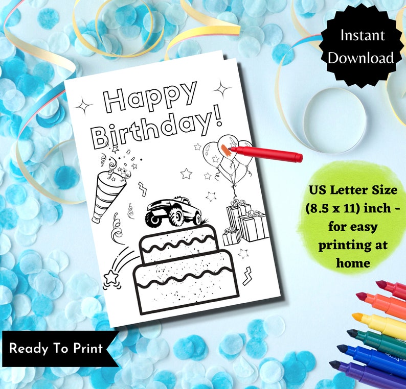 Printable Birthday Coloring Card, Happy Birthday Coloring Card for Kids ...