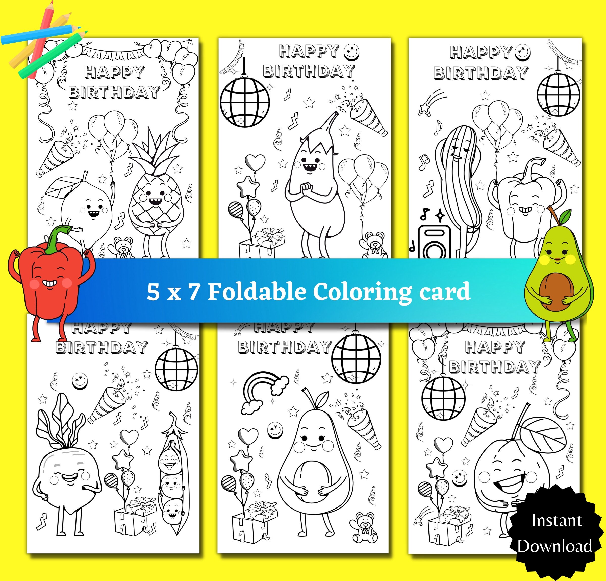 Happy Birthday Coloring Cards, 6 Fruits and Vegetable Coloring Cards ...