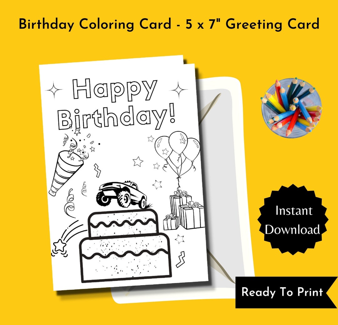 Printable Birthday Coloring Card, Happy Birthday Coloring Card for Kids ...