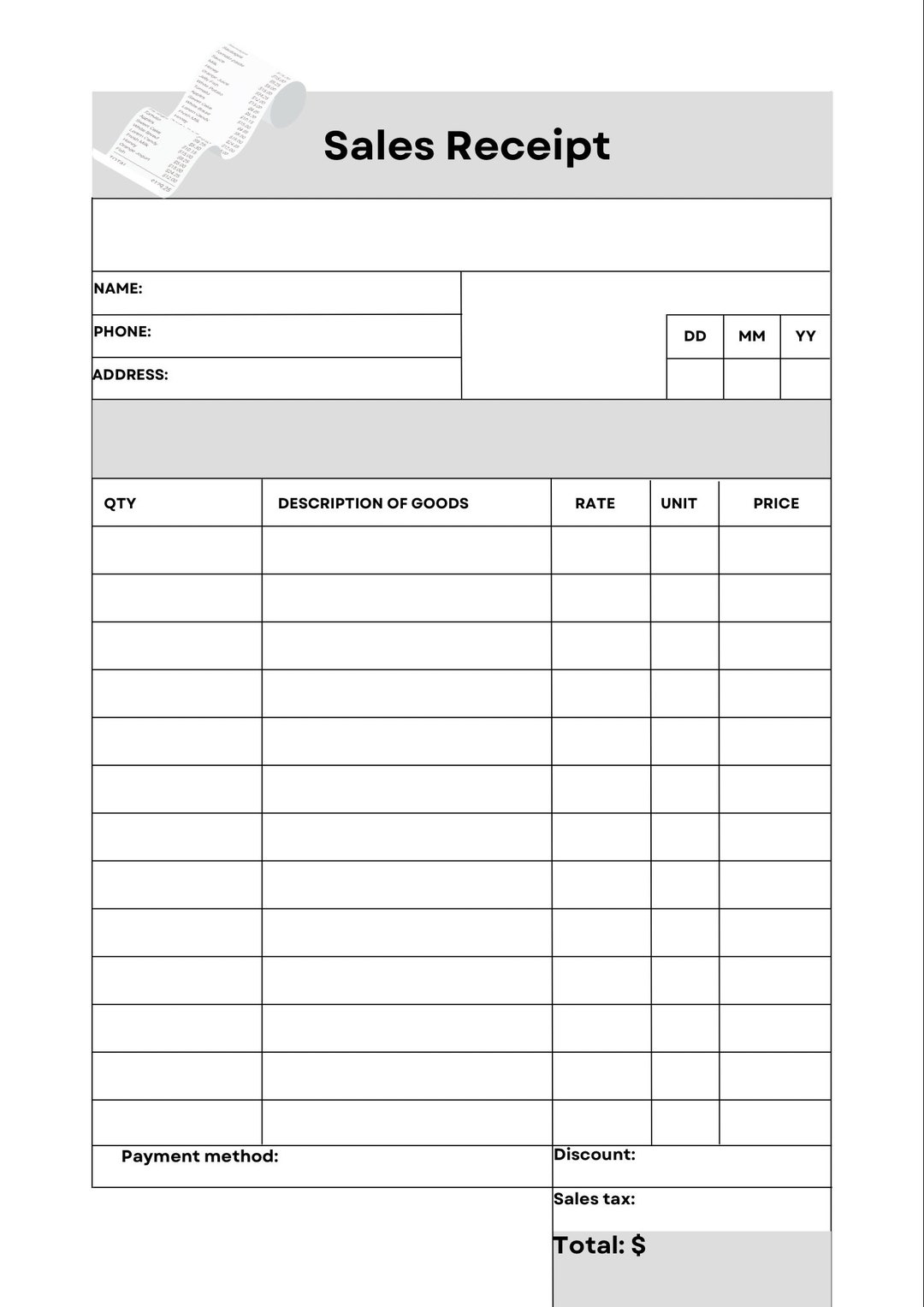 Sales Receipt Printable Pdf Template - Etsy