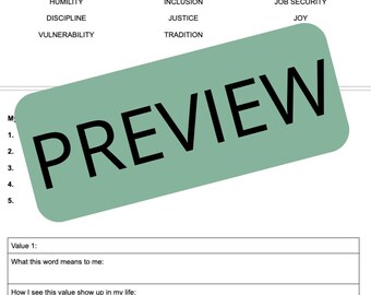 May include: A white paper with a list of words including "Parenting", "Order", and "Humility". A green rectangle with the word "PREVIEW" is overlaid on the paper. Below the list are fill-in-the-blank sections.