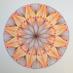 May include: A circular mandala design with intricate details in brown, orange, and red. The mandala features a central flower with petals radiating outwards.