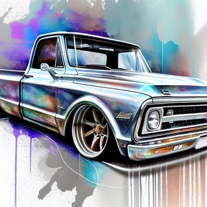 Chevy C10 aquarelle de 1968 PNG et SVG, cadeau pour papa, téléchargeable, art mural, cadeau pour lui, cadeau pour les amateurs de voitures, cadeau pour les gars de la voiture, téléchargement d'art numérique